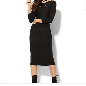 New York & Co. Dress XS Black Pearl Embellished Cable Knit Boat Neckline Midi